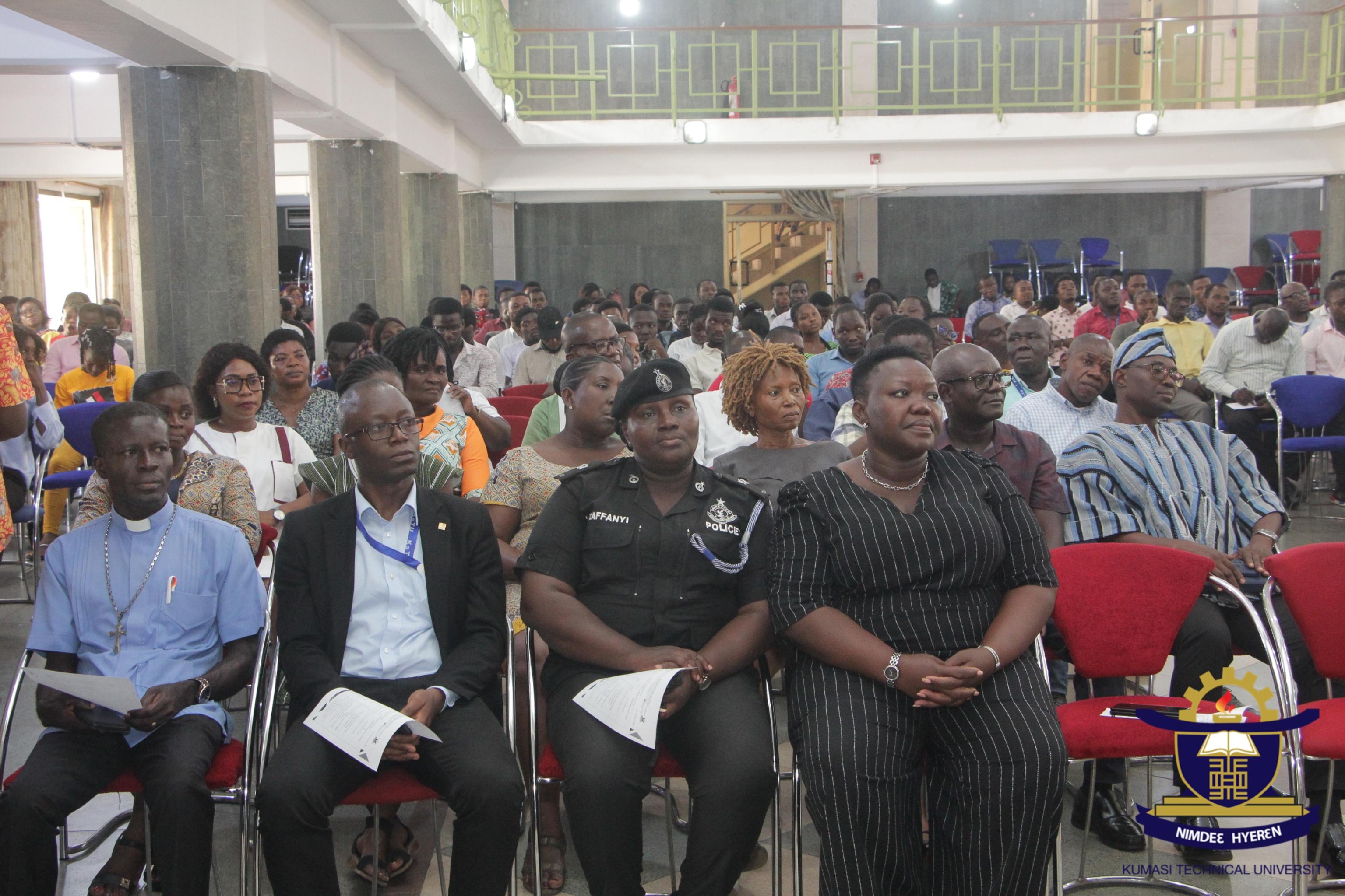  Kumasi Technical University on 23rd March, 2023 organised a public lecture on the topic: “Building a Sustainable Cyber-Crime-Free Society for Economic Development”. This was held as part of the Research and Innovation Week by the Institute of Research, Innovation and Development (IRID). COP Maame Yaa Tiwaa Addo-Danquah , Executive Director of Economic and Organised Crime Office (EOCO) and an alumna of the University, delivered the Lecture on the topic, "Building a Sustainable Cyber Free Society for Economic Growth". Speaking at the lecture, Maame Tiwaa, called for more collaborative efforts which include the private sector, international cooperation and continuous government investment in fighting cyber crime. She indicated that deliberate resourcing of Crime fighting bodies such as the Criminal Investigations Department (CID), and Cyber Crime Unit of the Ghana Police Service, The Economic and Organised Crime Office (EOCO) and the National Intelligence Bureau (NIB) must be done to win the war on cyber-criminal activities in the country. Recent reports have shown that Ghana’s internet penetration rate currently stands at 23.5 million of the total population, an observation COP Tiwaah says, has exposed users to all forms of cybercrimes. Such threats, she stressed have serious implications for the country’s international reputation.  Maame Tiwaa said digital extortion known as online blackmail or sextortion is also identified as the most prominent cyber threat. Business e-mail compromise, she said, has also become a significant concern and threat with huge sums of money lost, affecting the financial standing. COP Tiwaah additionally urged the public to be vigilant and take measures to protect themselves from Cyber threats. She advised individuals to regularly change their passwords, avoid clicking on suspicious links, and refrain from sharing sensitive personal information online, therefore advising the public to report such suspicious characters to State security for immediate action. The Director of the Institute