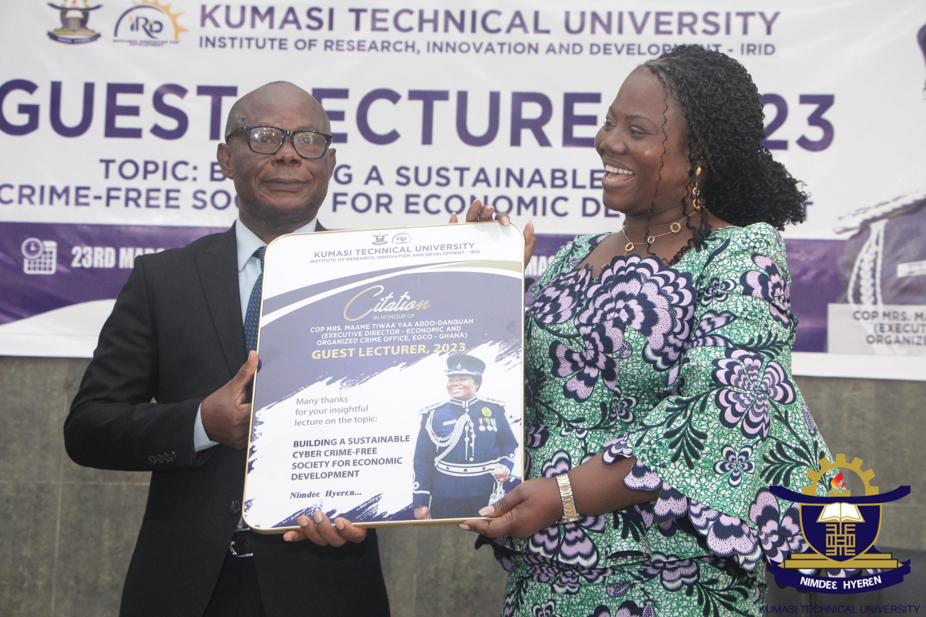  Kumasi Technical University on 23rd March, 2023 organised a public lecture on the topic: “Building a Sustainable Cyber-Crime-Free Society for Economic Development”. This was held as part of the Research and Innovation Week by the Institute of Research, Innovation and Development (IRID). COP Maame Yaa Tiwaa Addo-Danquah , Executive Director of Economic and Organised Crime Office (EOCO) and an alumna of the University, delivered the Lecture on the topic, "Building a Sustainable Cyber Free Society for Economic Growth". Speaking at the lecture, Maame Tiwaa, called for more collaborative efforts which include the private sector, international cooperation and continuous government investment in fighting cyber crime. She indicated that deliberate resourcing of Crime fighting bodies such as the Criminal Investigations Department (CID), and Cyber Crime Unit of the Ghana Police Service, The Economic and Organised Crime Office (EOCO) and the National Intelligence Bureau (NIB) must be done to win the war on cyber-criminal activities in the country. Recent reports have shown that Ghana’s internet penetration rate currently stands at 23.5 million of the total population, an observation COP Tiwaah says, has exposed users to all forms of cybercrimes. Such threats, she stressed have serious implications for the country’s international reputation.  Maame Tiwaa said digital extortion known as online blackmail or sextortion is also identified as the most prominent cyber threat. Business e-mail compromise, she said, has also become a significant concern and threat with huge sums of money lost, affecting the financial standing. COP Tiwaah additionally urged the public to be vigilant and take measures to protect themselves from Cyber threats. She advised individuals to regularly change their passwords, avoid clicking on suspicious links, and refrain from sharing sensitive personal information online, therefore advising the public to report such suspicious characters to State security for immediate action. The Director of the Institute